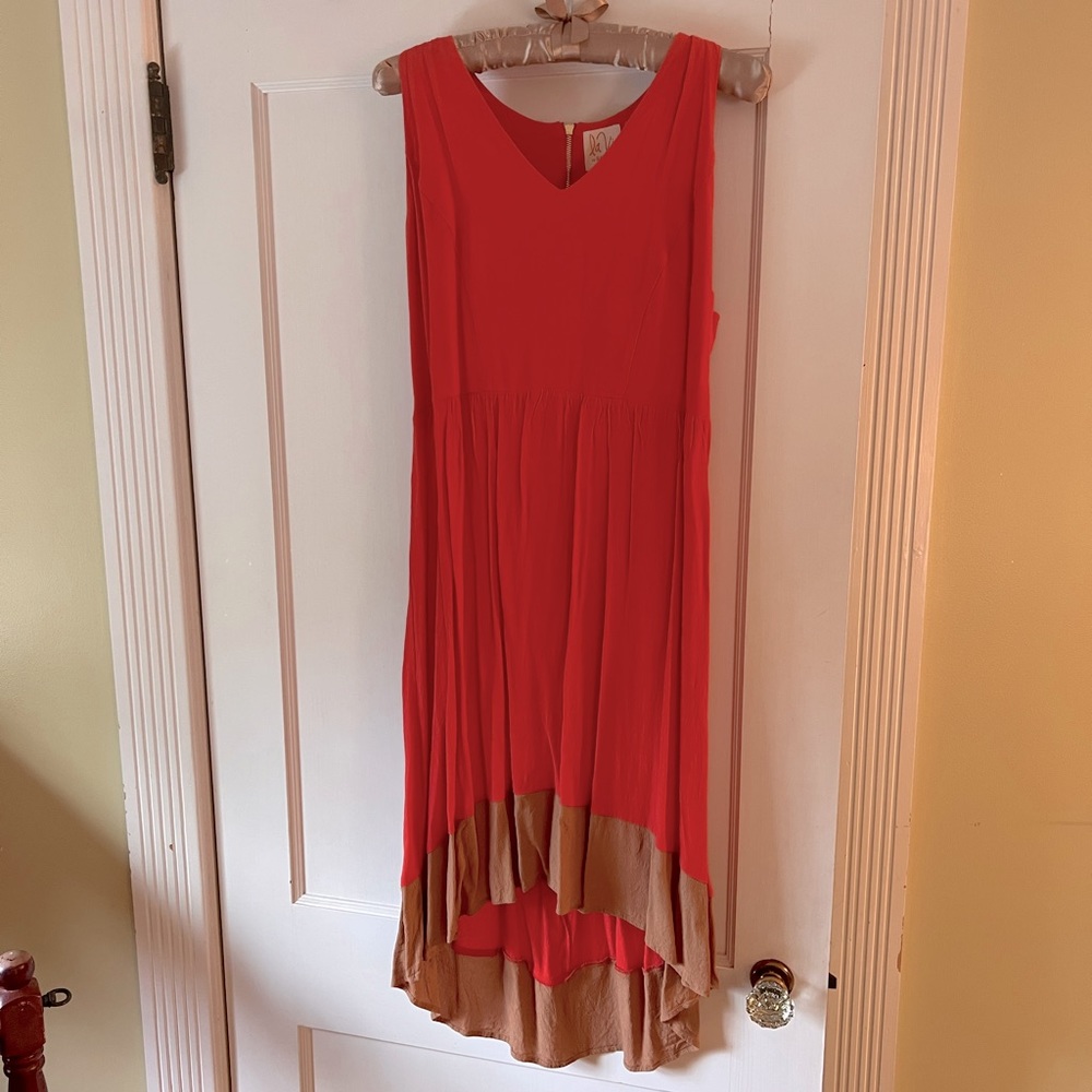 Anthropology La Vi lightweight coral and tan high/low dress
